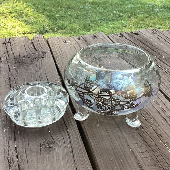 Vintage Iridescent Glass Flower Frog Vase Bowl Silver Overlay Floral Design - Picture 3 of 5